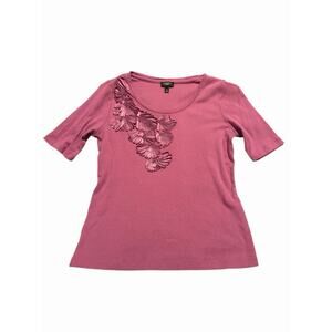 Talbots Purple Floral Ribbon Embellishment Top Shirt Blouse Size Med Cotton Knit